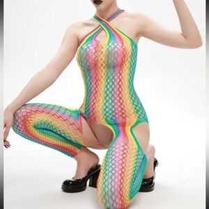 Rainbow Color Halter Top One-Piece Fishnet Bodysuit Cover-Up